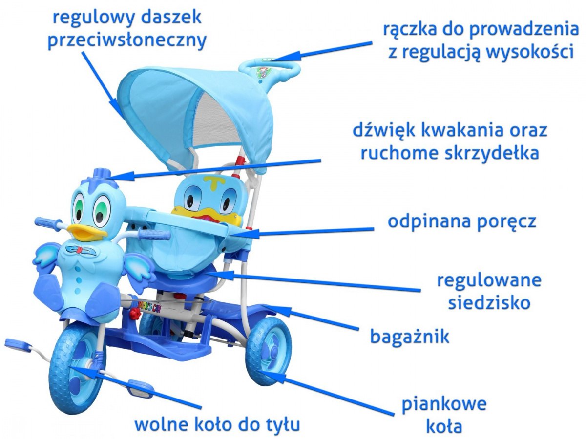 3-kołowy Rowerek dla dzieci Kaczka Niebieski + Dźwięki + Daszek + Barierka + Podnóżek + Rączka + Płozy + Schowek