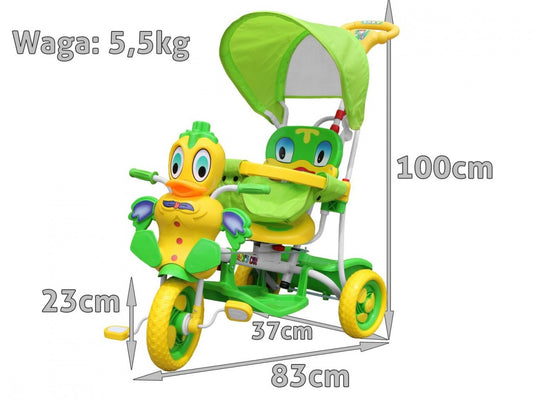 3-kołowy Rowerek dla dzieci Kaczka Zielony + Dźwięki + Daszek + Barierka + Podnóżek + Rączka + Płozy + Schowek